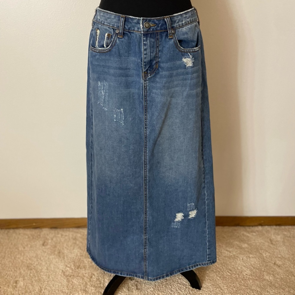 Long distressed denim Stetson skirt